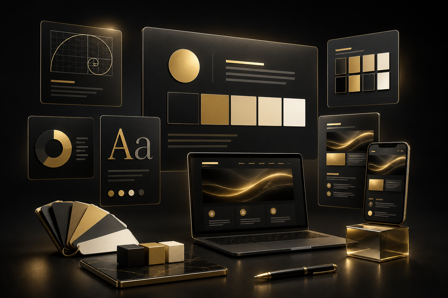 Glossy brand identity system with repeated gold and black design elements